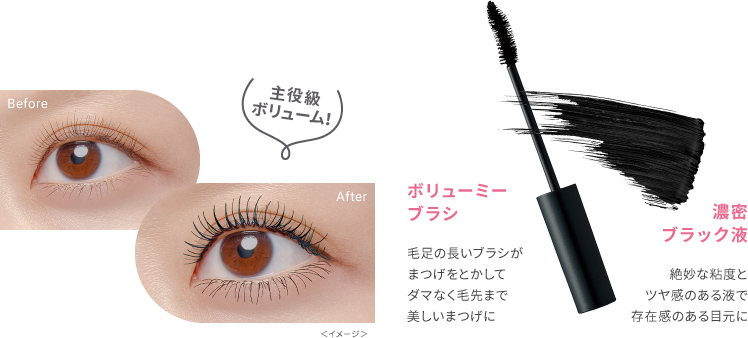主役級ボリューム！＜イメージ＞ボリューミーブラシ：毛足の長いブラシがまつげをとかしてダマなく毛先まで美しいまつげに、濃密ブラック液：絶妙な粘度とツヤ感のある液で存在感のある目元に