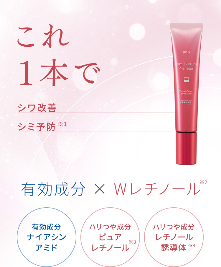 これ1本でシワ改善、シミ予防※1 有効成分 × Wレチノール※2 ナイアシンアミド、ピュアレチノール※3、レチノール誘導体※4