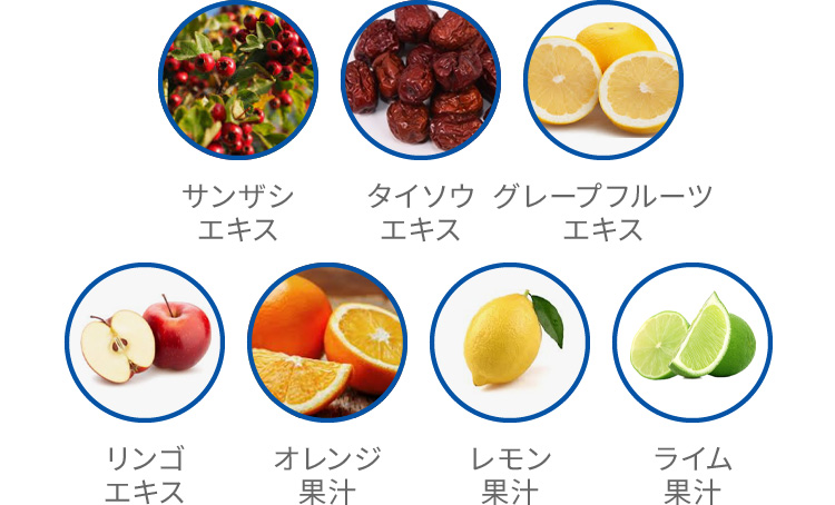 サンザシエキス、タイソウエキス、グレープフルーツエキス、リンゴエキス、オレンジ果汁、レモン果汁、ライム果汁