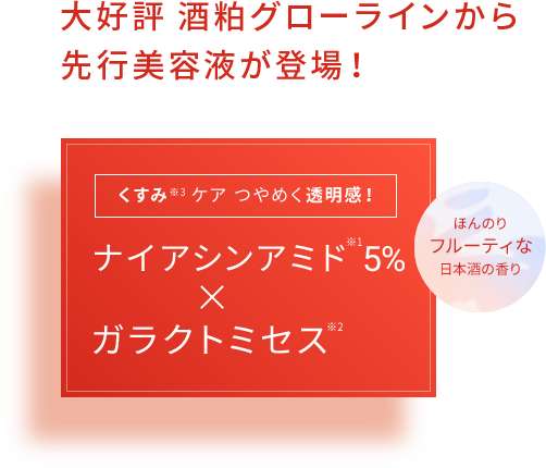 大好評 酒粕グローラインから先行美容液が登場!ナイアシンアミド※1 5%×ガラクトミセス※2 くすみ※3ケア つやめく透明感!