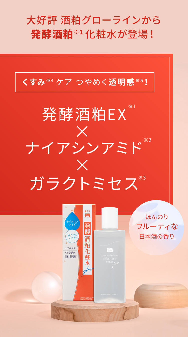 大好評 酒粕グローラインから発酵酒粕※1化粧水が登場！くすみ※4ケア つやめく透明感※5！　発酵酒粕EX※1×ナイアシンアミド※2×ガラクトミセス※3　ほんのりフルーティな日本酒の香り
