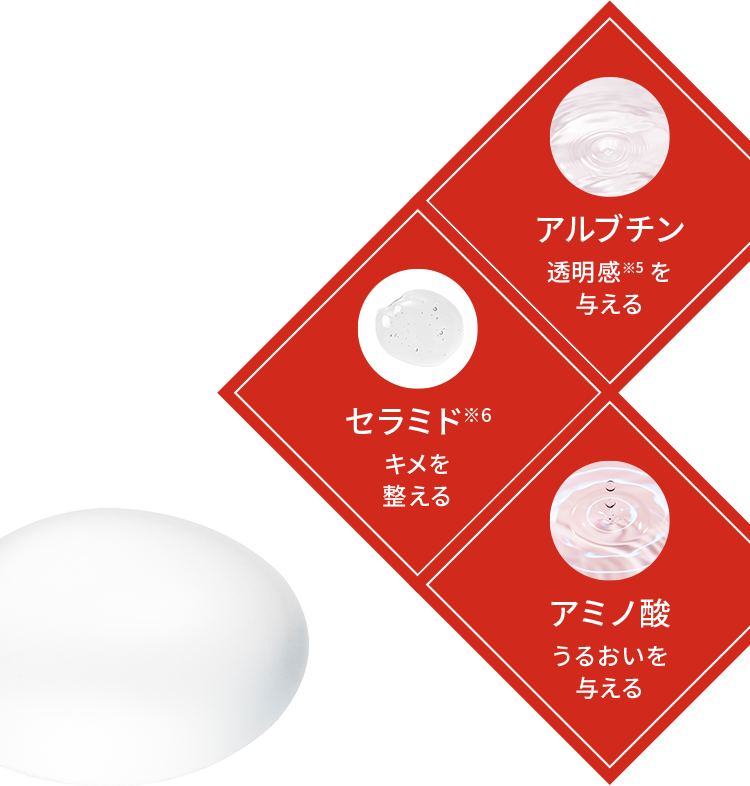 アルブチン：透明感※5を与える、セラミド※6：キメを整える、アミノ酸：うるおいを与える