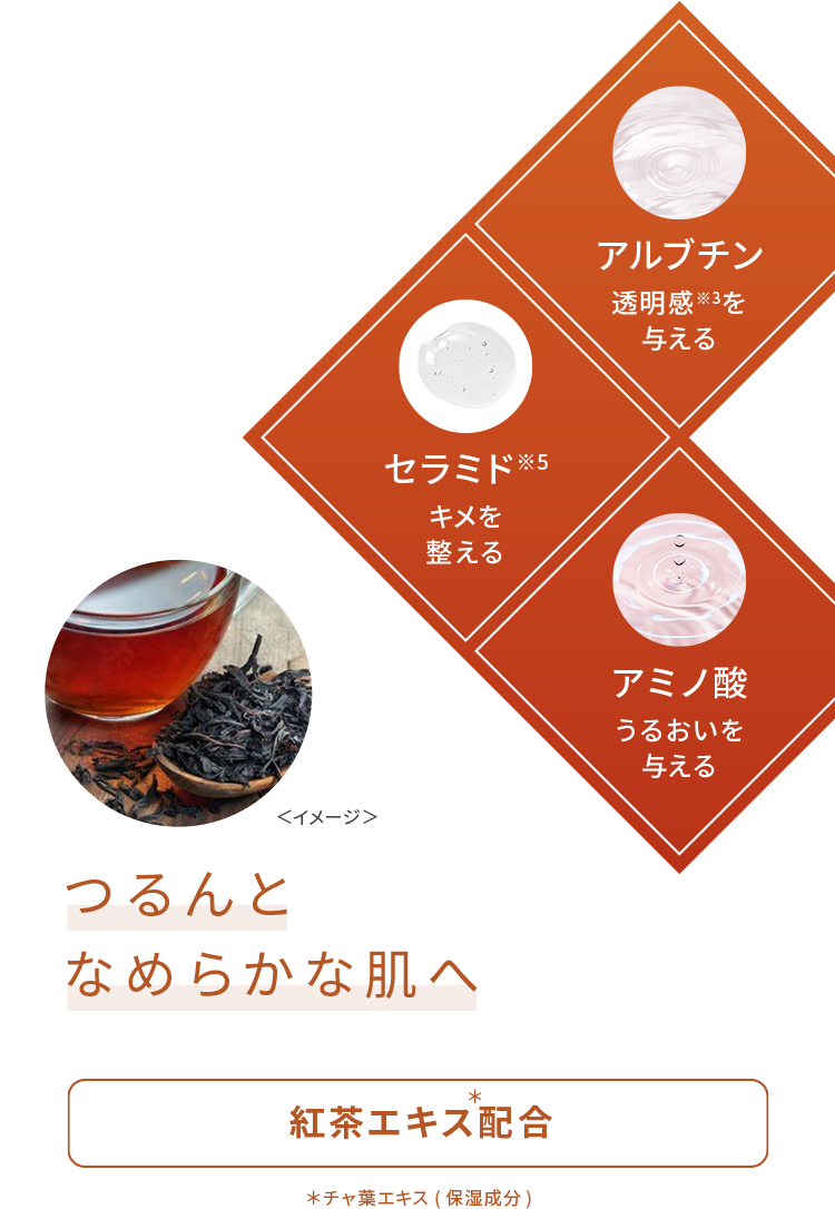 アルブチン：透明感※3を与える、セラミド※5：キメを整える、アミノ酸：うるおいを与える　つるんとなめらかな肌へ　紅茶エキス＊配合　＊チャ葉エキス(保湿成分)