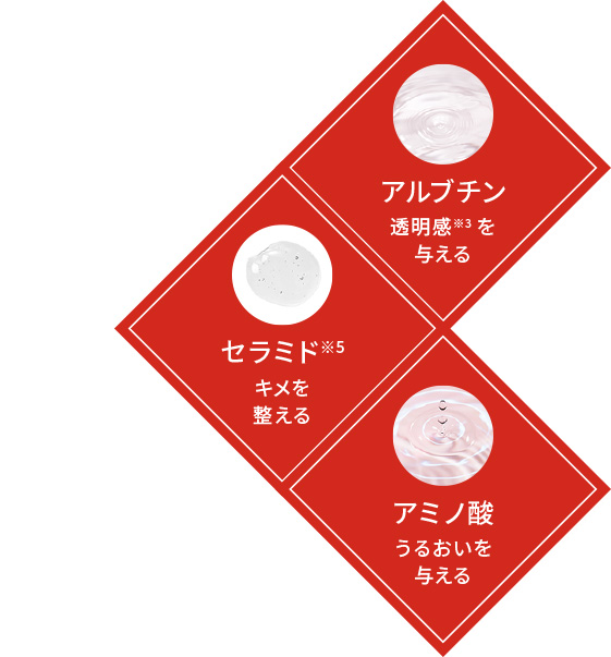 アルブチン：透明感※3を与える、セラミド※5：キメを整える、アミノ酸：うるおいを与える