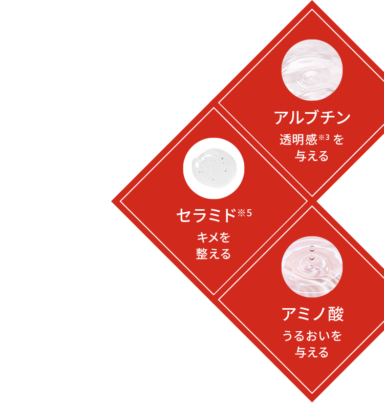 アルブチン：透明感※3を与える、セラミド※5：キメを整える、アミノ酸：うるおいを与える