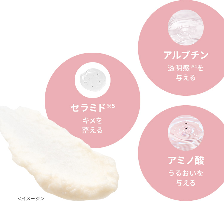 アルブチン：透明感※4を与える、セラミド※5：キメを整える、アミノ酸：うるおいを与える＜イメージ＞
