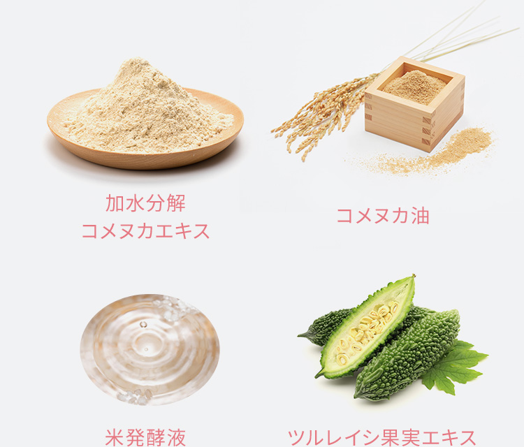 加水分解コメヌカエキス、コメヌカ油、米発酵液、ツルレイシ果実エキス