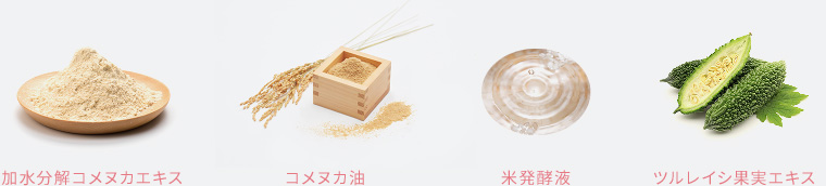 加水分解コメヌカエキス、コメヌカ油、米発酵液、ツルレイシ果実エキス