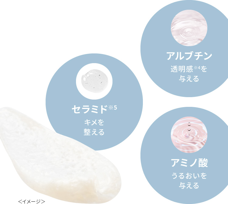 アルブチン：透明感※4を与える、セラミド※5：キメを整える、アミノ酸：うるおいを与える＜イメージ＞