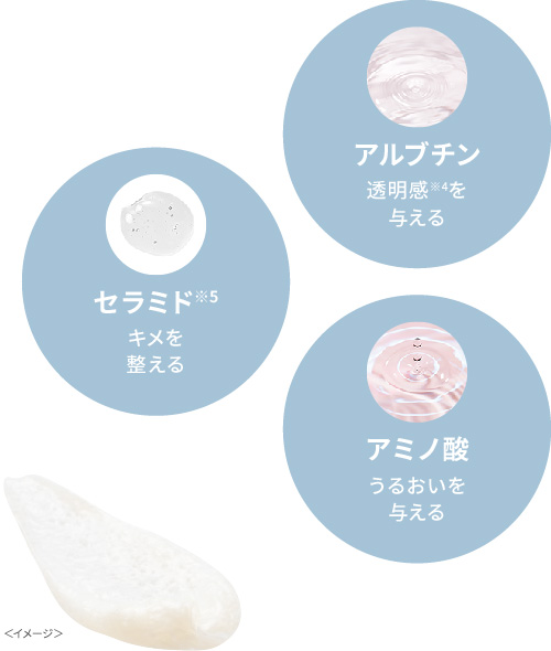 アルブチン：透明感※4を与える、セラミド※5：キメを整える、アミノ酸：うるおいを与える＜イメージ＞
